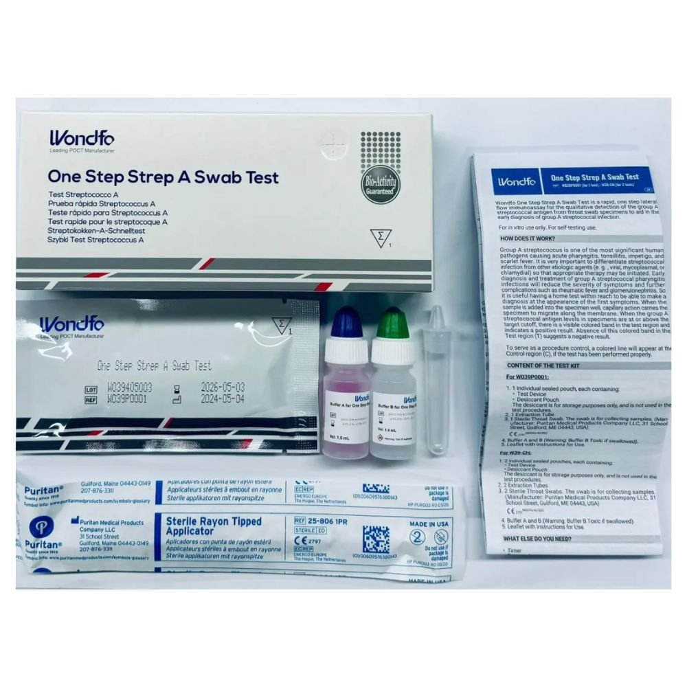 Wondfo Streptokokken A Hurtigtest fra Altruan til Skarlagensfeber Selvtest består af en testkassette, to reagensflasker, en vatpind og en vejledning. Det er ordentligt pakket for at hjælpe med at identificere streptokokinfektioner og behandle mulige halsbetændelser.