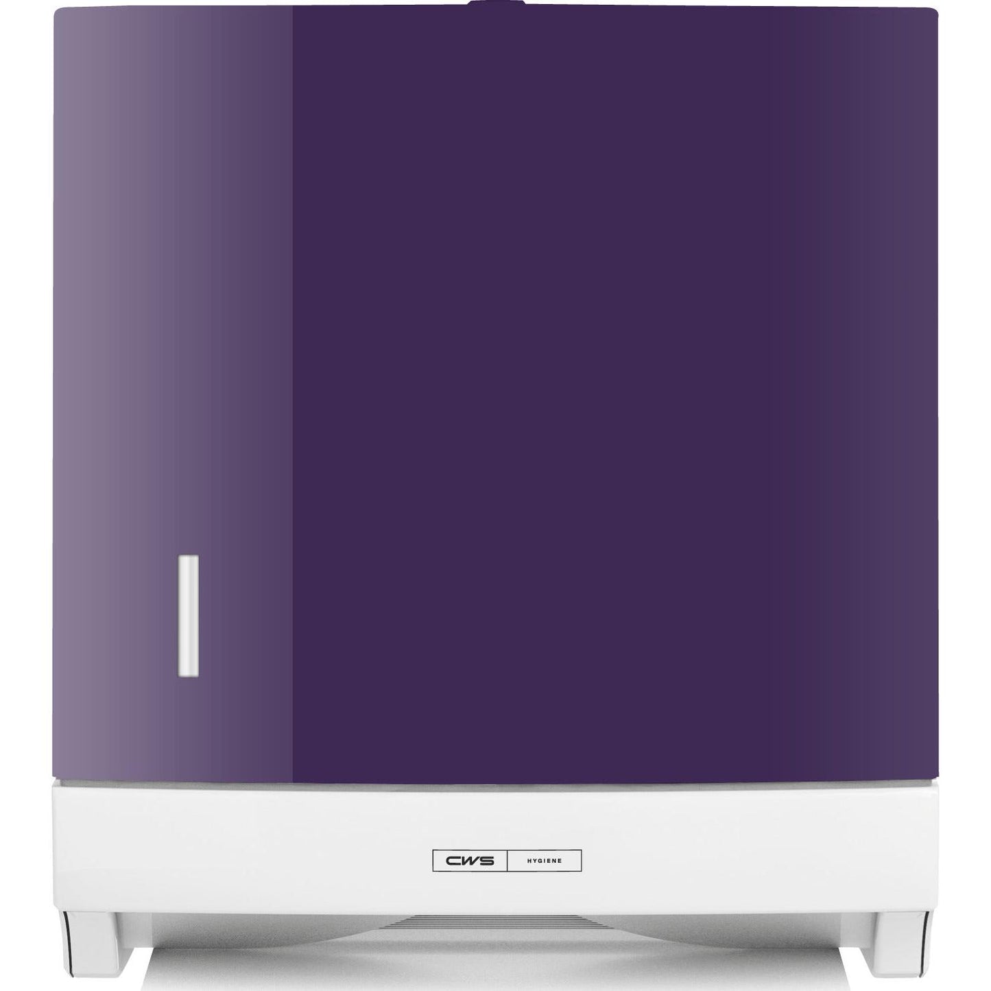 CWS-frontpanelet til foldbare papirhåndklædeautomater Paper Slim er en rektangulær automat i hvid og violet med et lille vindue på venstre side og et elegant CWS-frontpanel på hvid baggrund.