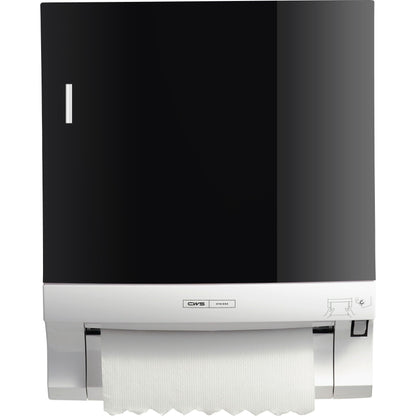 Der CWS Frontpanel für Rollenpapierhandtuchspender Paperroll ist ein schwarz-weißer Wandspender mit sichtbarem Handtuchpapier, kleinen Grafiken und dem CWS Markenlabel auf der Vorderseite - perfekt zur Optimierung von Waschräumen.