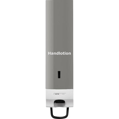 CWS frontpanelet til skumdispenseren Foam Slim er en grå-hvid vægdispenser i elegant udseende, med vindue, sort dispenserhåndtag og teksten "Handlotion". Med det praktiske CWS frontpaneldesign.