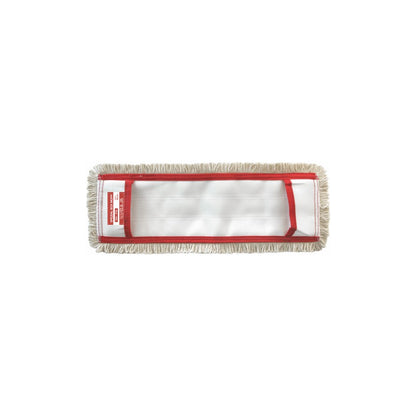 Der Arcora Flachpressmopp Spezial Box Mopp Fpm-Erh Mit Deckblatt von Arcora International GmbH ist ein rechteckiger Reinigungsmopp mit beigen Fransen, weißer Mitte, roter Umrandung und linksseitigem rotem Etikett, ideal für die effiziente Bodenreinigung auf einfarbig weißem Untergrund.