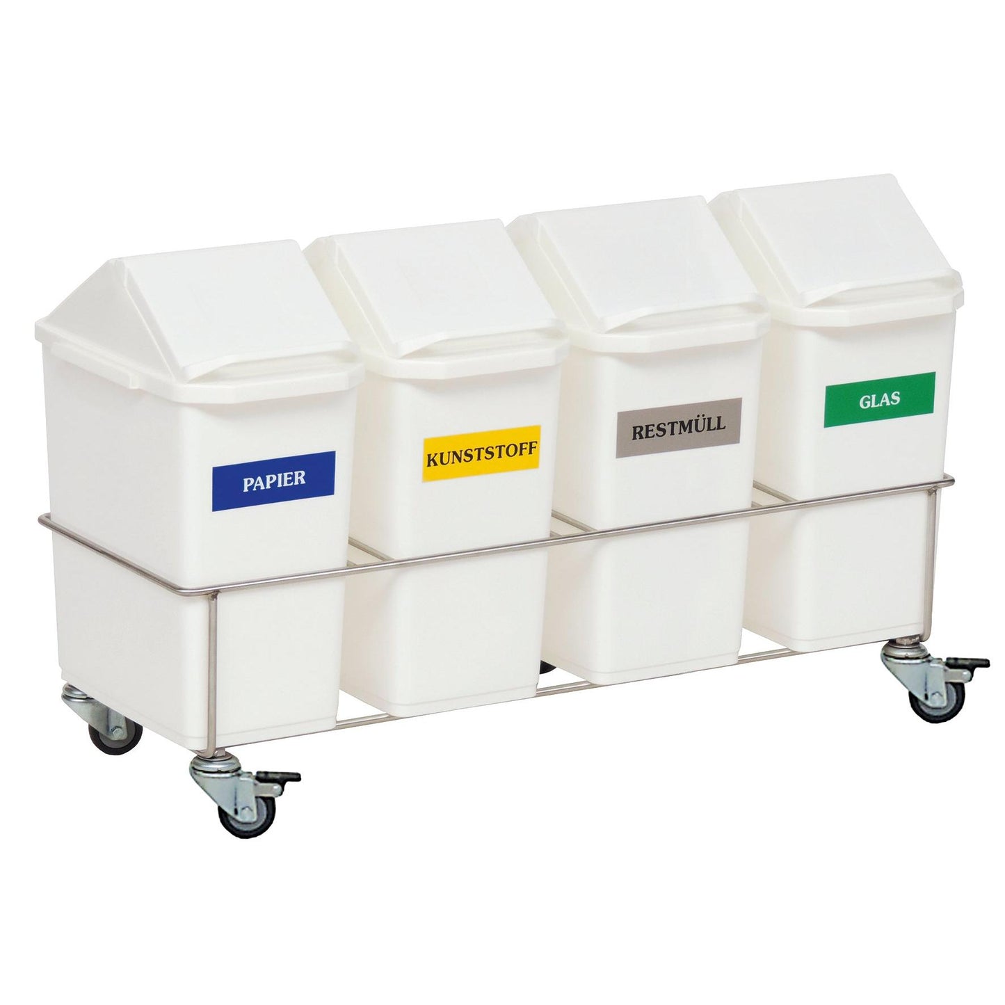 Der Novocal Zimmer-Wertstoffsammler Vierfachsammler verfügt über vier Behälter mit Deckeln und farbigen Etiketten für Papier, Kunststoff, Restmüll und Glas auf einem Gestell mit Rädern aus Edelstahl - ideal für eine effiziente Mülltrennung in jedem Raum.