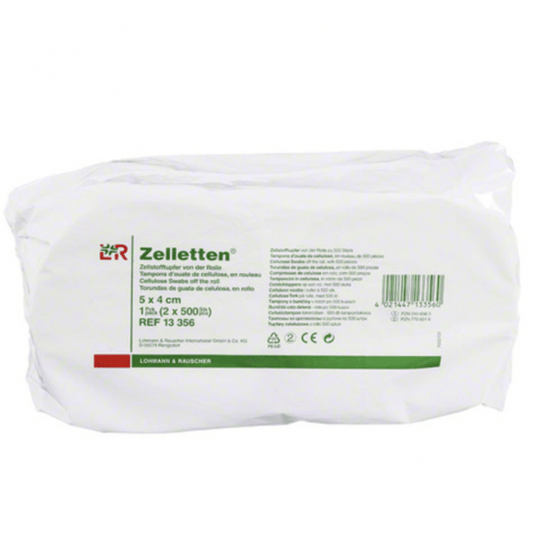 Pakken med Zelletten®-cellevævsvatter fra Lohmann & Rauscher er ideel til medicinske formål. På etiketten er størrelsen (5 x 4 cm), mængden (2 pakker à 500 stk.) og referencenummeret (13 356) angivet. Pakken er overvejende hvid med grøn tekst.