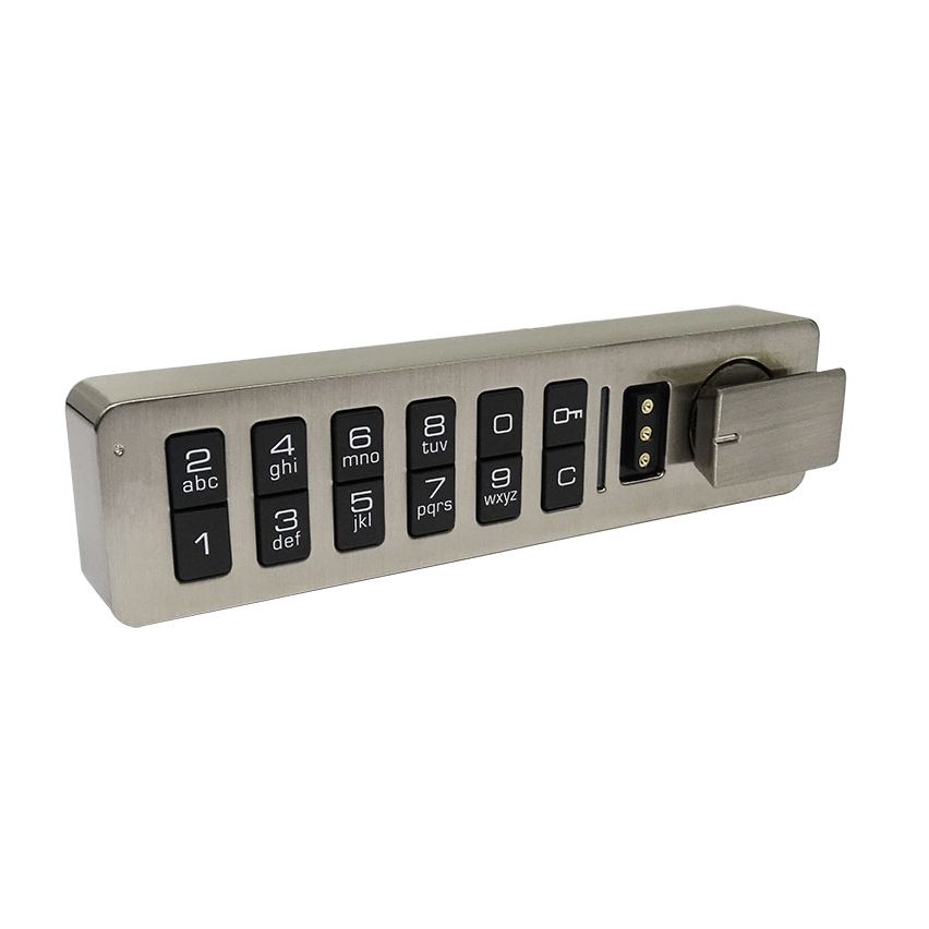 Novocal elektronisk kodelås til enkeltnøgler har et vandret tastatur med tallene 0-9, klar- og indtastningstaster, metaloverflade og en knapbolt på højre side som en del af låsesystemet.