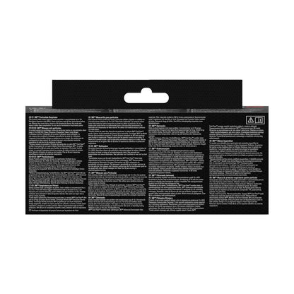 Billedet viser bagsiden af en 3M™ Aura™ Komfort-partikelmaske 9320+ FFP2 (uden ventil, pakke med 5) fra 3M Deutschland GmbH med flersprogede sikkerheds- og anvendelsesinstruktioner med hvide advarselssymboler på sort baggrund.