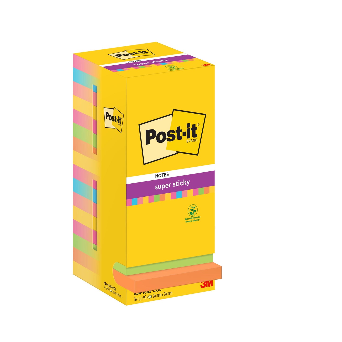 En pakke med 16 Post-it® Super Sticky Notes (76 x 76 mm, 90 ark/blok) i forskellige farver fra 3M Deutschland GmbH, PEFC-certificeret (SGSCH-PEFC-COC-110078), med produktinfo og logoer på den hvide æske.