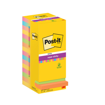 En pakke med 16 Post-it® Super Sticky Notes (76 x 76 mm, 90 ark/blok) i forskellige farver fra 3M Deutschland GmbH, PEFC-certificeret (SGSCH-PEFC-COC-110078), med produktinfo og logoer på den hvide æske.