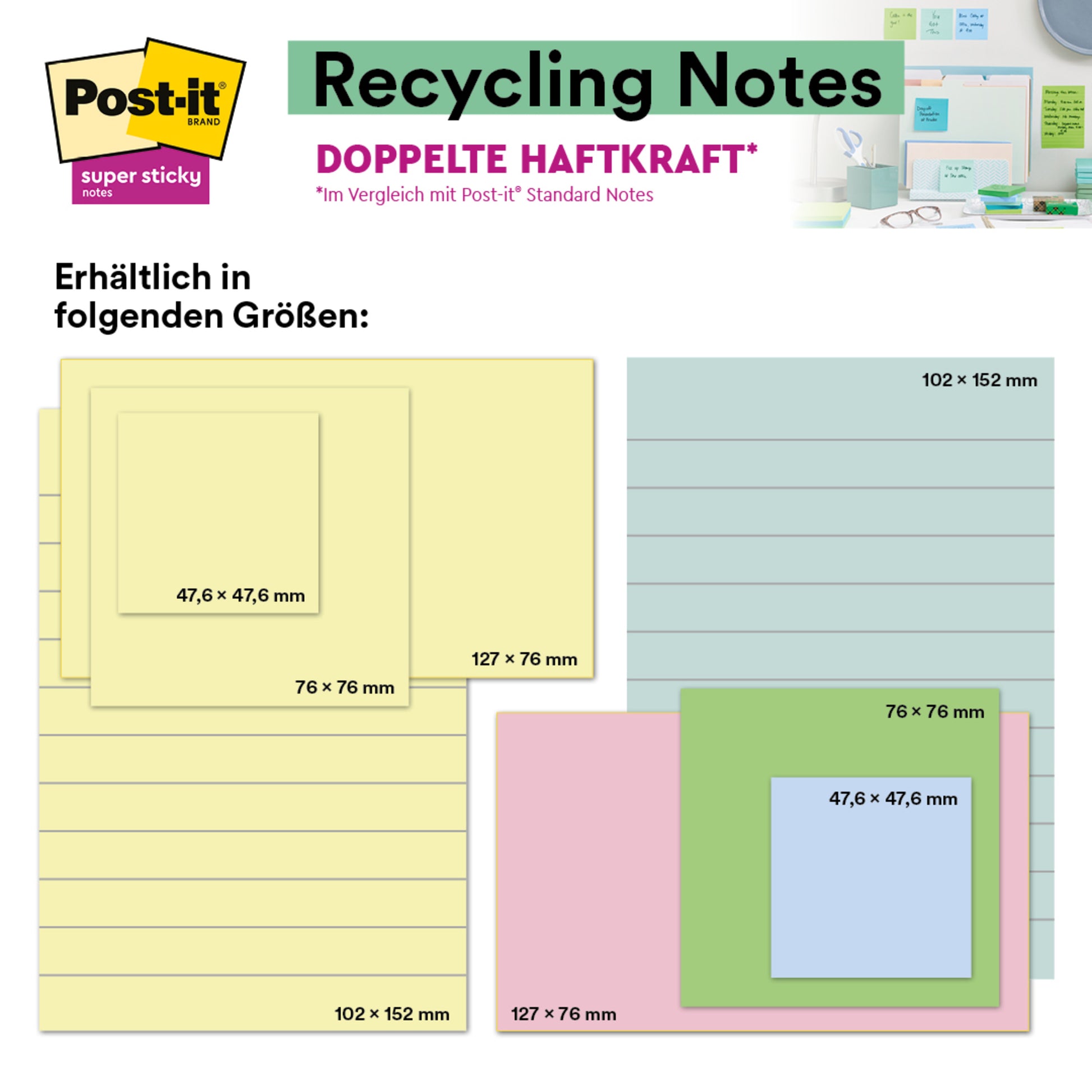 Eine Infografik zeigt Post-it® Super Sticky 100% Recycling Notes (gelb, liniert, 102x152mm, 45 Blatt/Block, 4 Blöcke/Packung) von 3M Deutschland GmbH. Ein Eckfoto zeigt die Zettel, die auf einem Wandkalender und einem Schreibtisch verwendet werden.