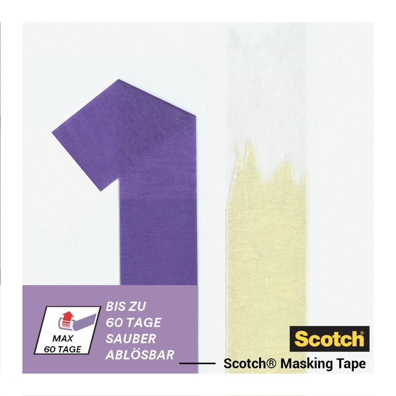 To overflader sammenlignet: en med rent Scotch® malertape til sarte overflader (36 mm x 41 m, 1 rulle, 3M Deutschland GmbH), den anden med rester. Teksten fremhæver den resterfri fjernelse.