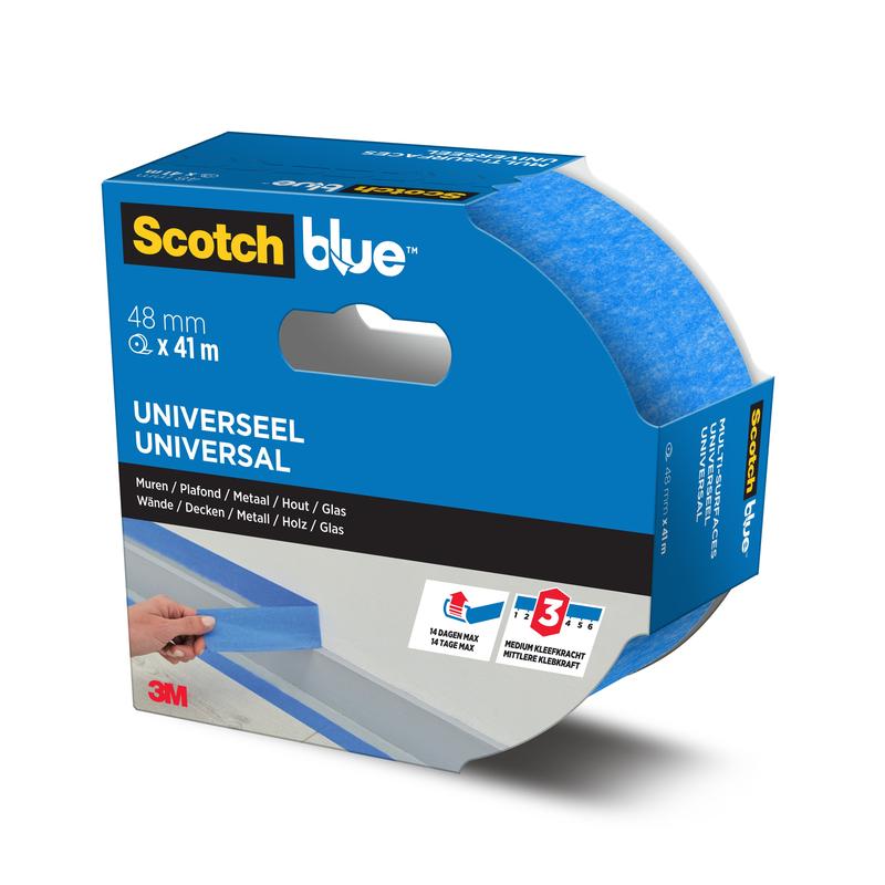 En rulle ScotchBlue™ malertape "Multi-Surface" fra 3M Deutschland GmbH i blå, 48 mm x 41 m, leveres i en blå-hvid mærkeæske med flersproget tekst og et udsnit, der viser tapen.