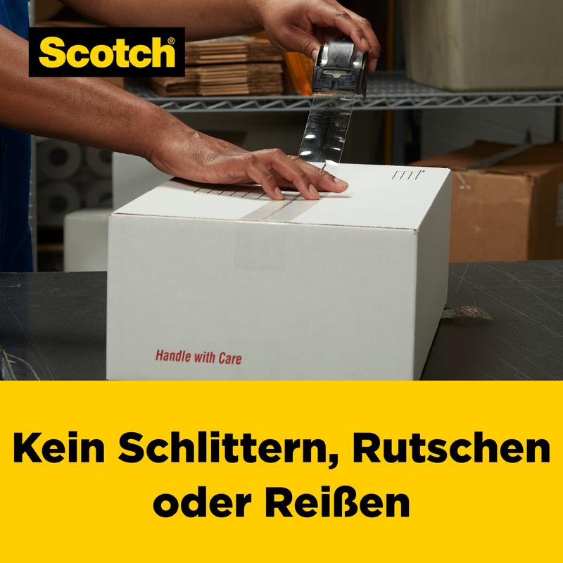 En person lukker en kasse med teksten "Handle with Care" med Scotch® Box Lock™ emballagetape (48 mm x 20,3 m) fra 3M Deutschland GmbH; billedet viser Scotch-logoet og den tyske tekst: "Ingen glidning, rutsjen eller revnen.