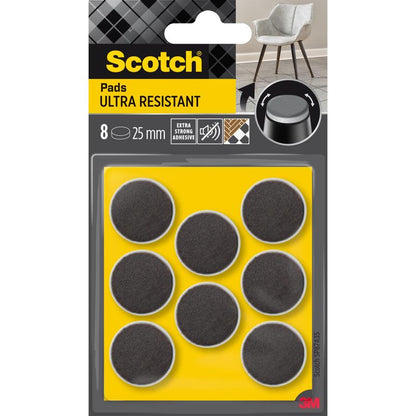 En pakke 3M Scotch® Ekstrembestandige Filtskiver SP87A35, selvklæbende grå/hvide filtskiver (Ø 25 mm, 8/pakke), på gul emballage med ekstra stærk klæber og et stolesymbol i øverste højre hjørne.