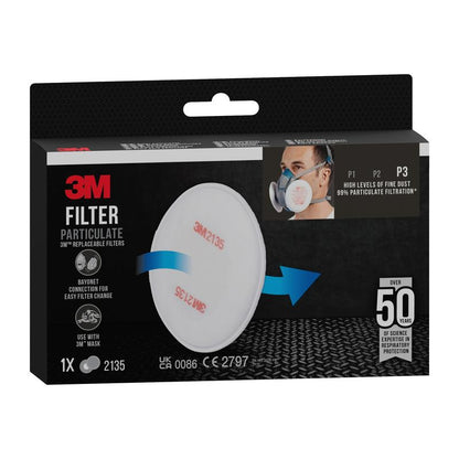 3M™ partikelfilter 2135, P3 (1 par/pakke) fra 3M Deutschland GmbH tilbyder en 99% filtreringseffektivitet og over 50 års dokumenteret åndedrætsværn. Emballagen viser filteret og en bruger, der bærer en åndedrætsmaske.