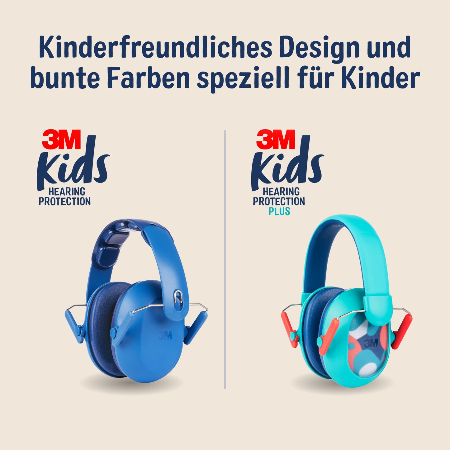 Abgebildet sind zwei 3M™ Gehörschutz für Kinder: links in blau, rechts in türkis (PKIDSP-TEAL-E, 87-98 dB). Der Text hebt das kindgerechte Design und die bunten Optionen der 3M Deutschland GmbH für optimalen Gehörschutz hervor.