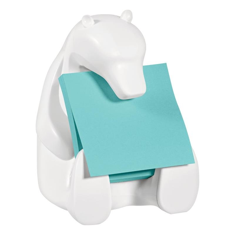 Den hvide Post-it® Z-Notes dispenser i bjørneform fra 3M holder blå Super Sticky Z-Notes (76x76mm, 45 ark/blok, 2 blokke/pakke), afbildet på hvid baggrund.
