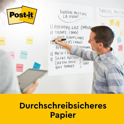 En mand skriver på en 3M Post-it® Super Sticky mødeplanchart (63,5 x 76,2 cm, selvklæbende, 30 ark/blok), der er monteret på væggen, mens en anden holder en tablet. Det hvide kort viser noter til en begivenhed. Tekst: "Gennemsigtigt papir.