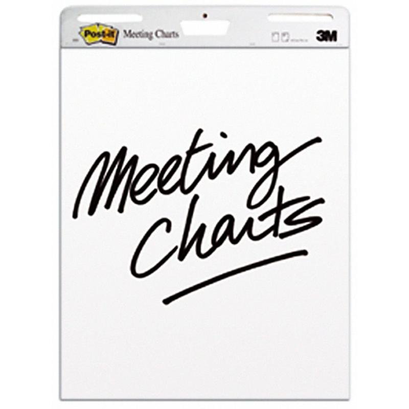 Et stort Post-it® Super Sticky selvklæbende mødeplanchart/flipchart til vægmontering 559 (63,5 x 76,2 cm, 30 ark/blok, 2 blokke), hvid, fra 3M Deutschland GmbH, med "Meeting Charts" foran og 3M-logoet øverst til højre.