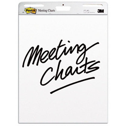 Et stort Post-it® Super Sticky selvklæbende mødeplanchart/flipchart til vægmontering 559 (63,5 x 76,2 cm, 30 ark/blok, 2 blokke), hvid, fra 3M Deutschland GmbH, med "Meeting Charts" foran og 3M-logoet øverst til højre.