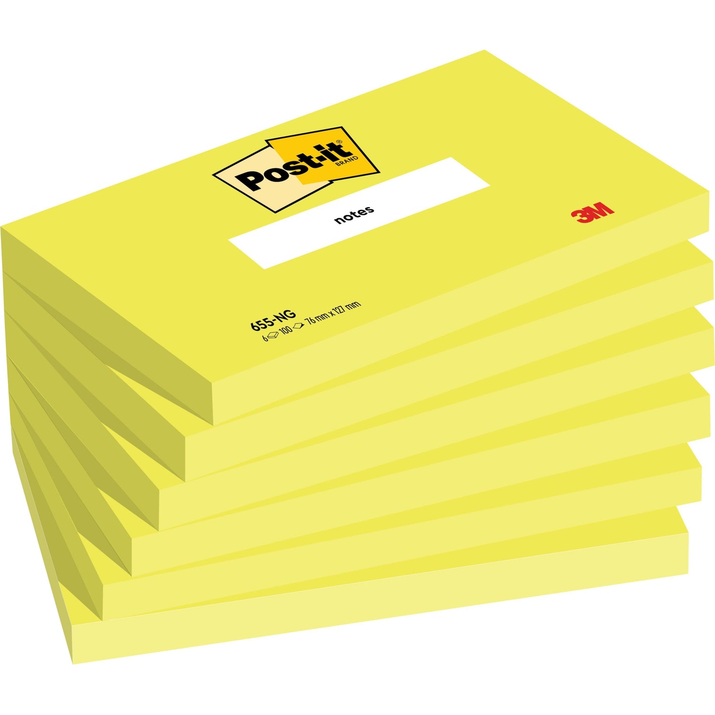 Afbildet er en stak af seks gule Post-it® noter (76 mm x 127 mm, 100 ark/blok, 100% PEFC) fra 3M Deutschland GmbH, hver med Post-it-logoet øverst og teksten "Notizen" på blokken.