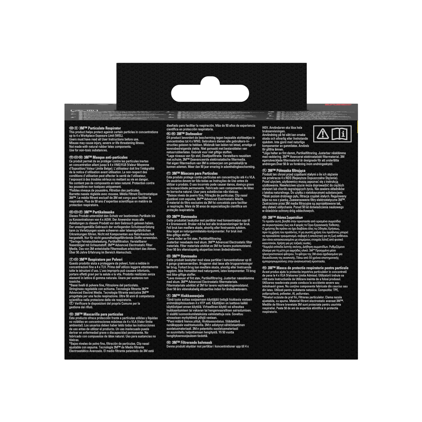 Die Produktverpackung der 3M™ Quick Latch-Atemschutzmaske 6502QLKIT-1 (A2P3, für organische Dämpfe) von 3M Deutschland GmbH zeigt mehrsprachige Hinweise sowie Icons zur Verwendung mit austauschbaren Filtern auf schwarzem Hintergrund mit Aufhängehaken.