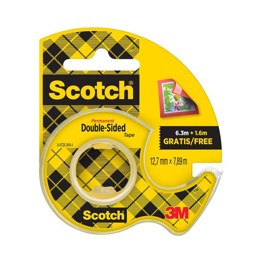 En pakke Scotch® dobbeltsidet tape fra 3M Deutschland GmbH (12,7 mm x 7,89 m) med 25% ekstra gratis og en gul dispenser, velegnet til brug på papir. Indeholder 1 rulle.