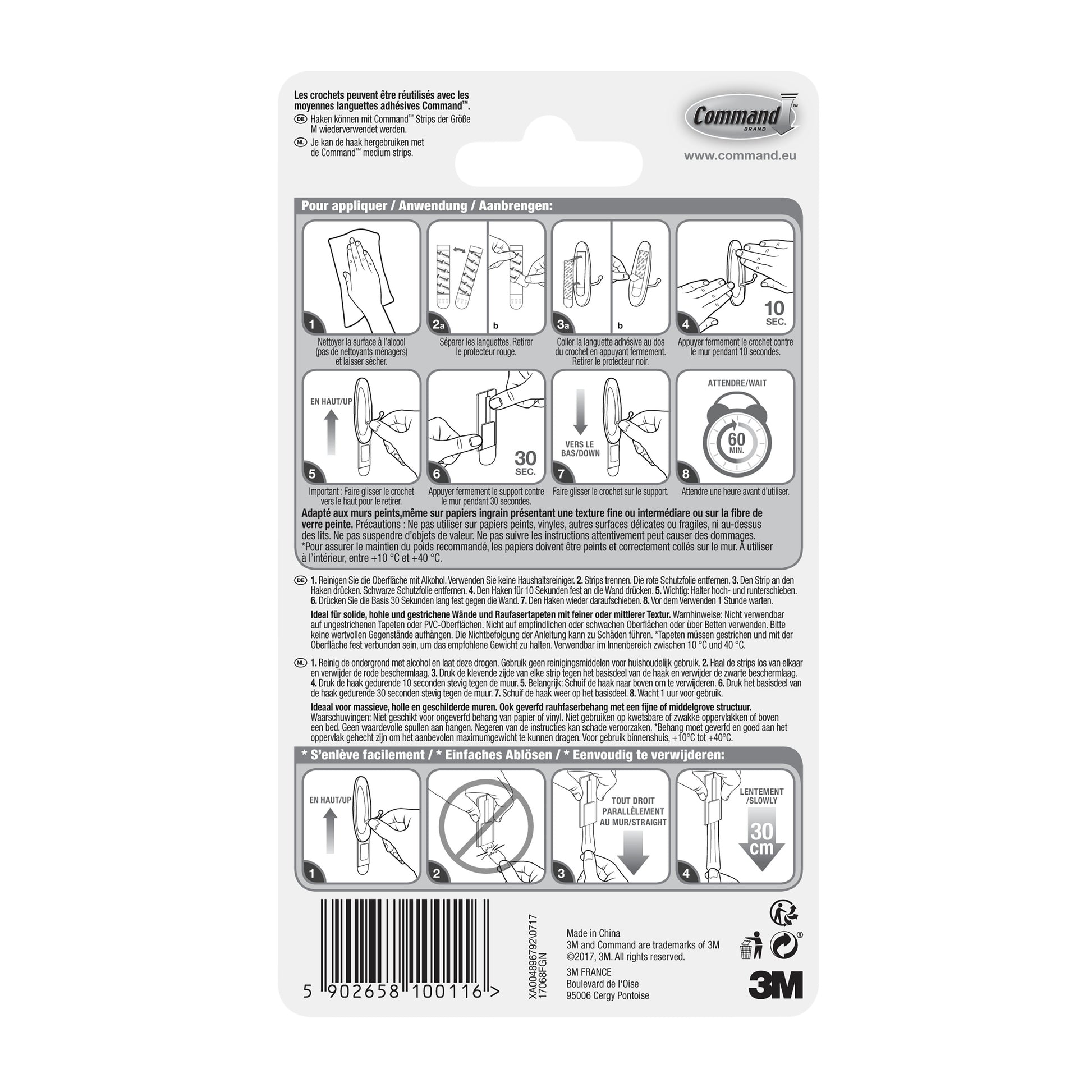 Die Rückseite des Command™ Medium Drahthakens, 17068 von 3M Deutschland GmbH zeigt eine Anleitung zum beschädigungsfreien Aufhängen mit Klebetechnologie, Schritt-für-Schritt-Abbildungen, mehrsprachigen Text und einen Barcode am unteren Rand.