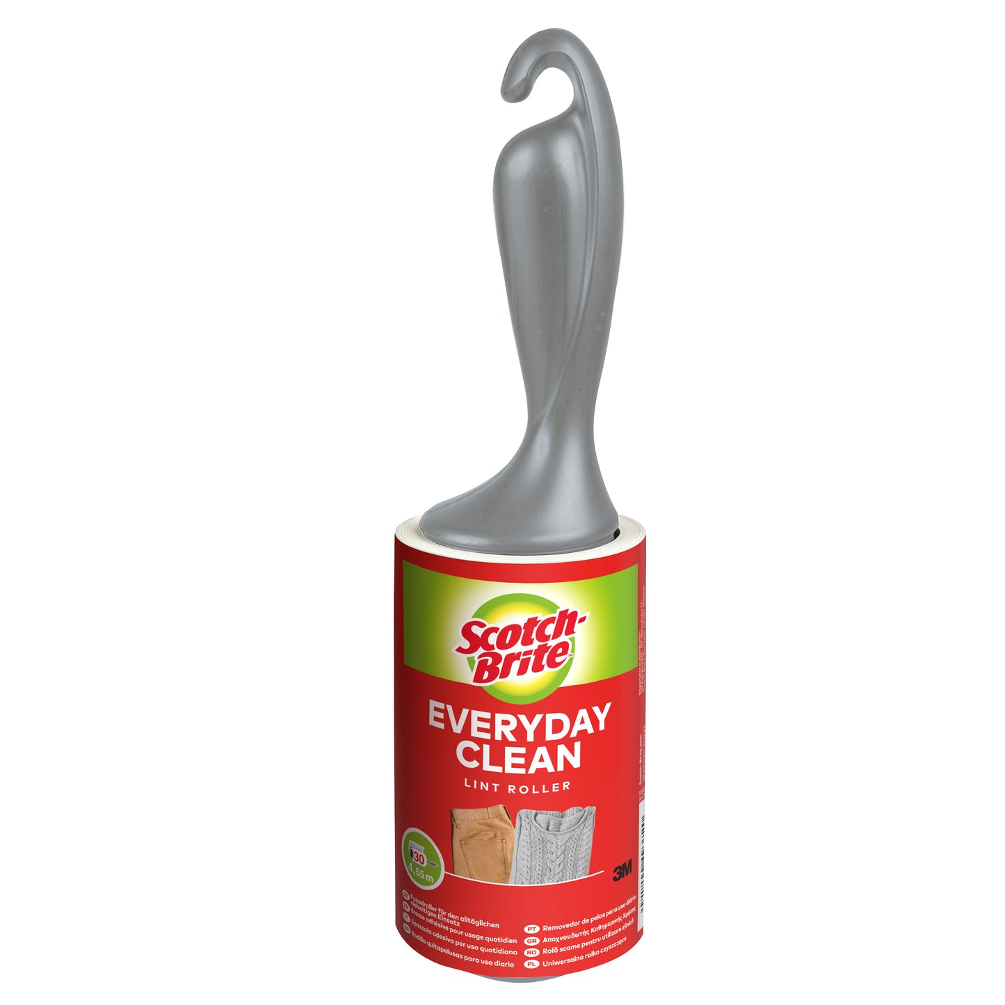 Scotch-Brite™ Everyday Clean fnugrulle fra 3M Deutschland GmbH med 30 ark og gråt, buet håndtag fjerner nemt fnug og hår. Pakken viser rene stoffer og fremhæver dens alsidige anvendelighed.