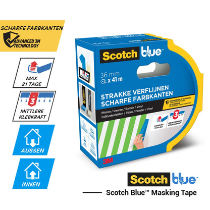 Das ScotchBlue™ Malerabdeckband für scharfe Linien von 3M Deutschland GmbH, 36 mm x 41 m, bietet scharfe Kanten, mittlere Haftung, innovative 3M-Technologie und ist bis zu 21 Tage innen und außen anwendbar.