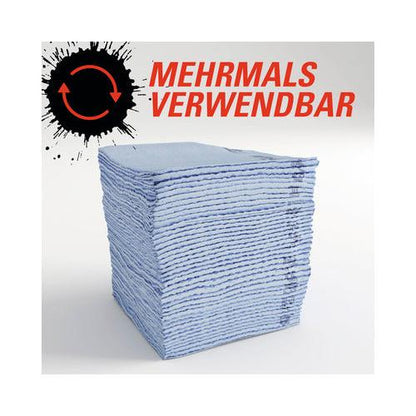 En stak blå WypAll® ForceMax PowerClean kvartfoldede klude (1 dispenserboks x 40 ark) fra Kimberly-Clark GmbH vises foran en grafik med en cirkulær pil og "FLERE GANGE ANVENDELIG" på dansk.
