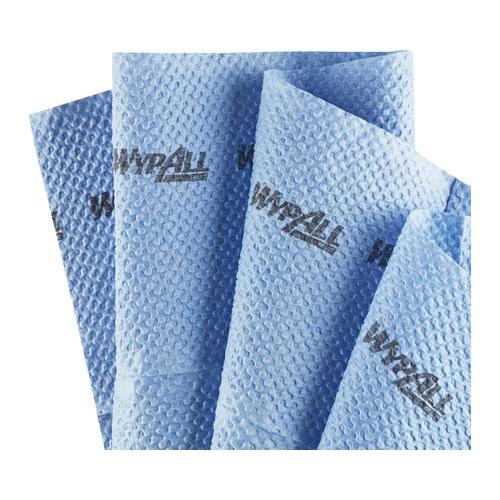 Fire blå, kvartformede WypAll® ForceMax PowerClean rengøringsklude fra Kimberly-Clark GmbH er foldet ud og viser hver især logoet. Deres ujævne tekstur er ideel til krævende rengøringsopgaver. Æske: 1 x 40 ark.