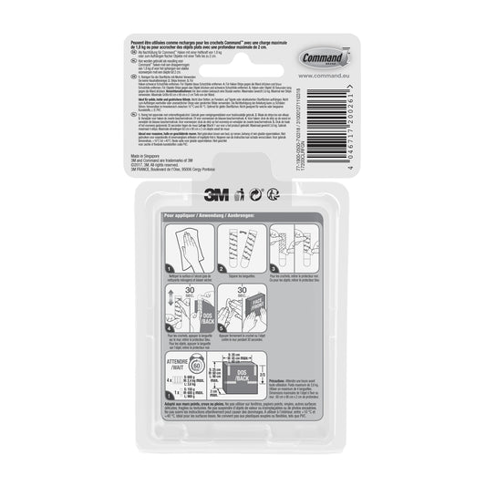 Die Rückseite eines 3M Deutschland GmbH Multipack Command™ Strips, transparent 17200CLR, zeigt eine bebilderte Anleitung zum Anbringen und Entfernen der Streifen, Produktinformationen, Warnhinweise und einen Barcode für spurlose Wandbefestigung.
