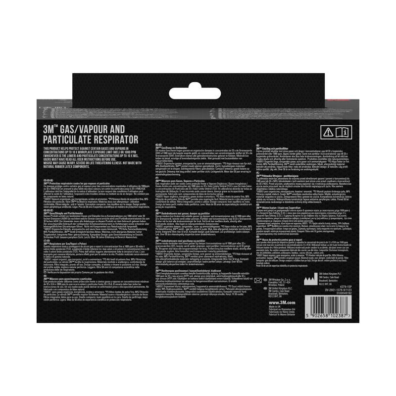 Bagsiden af 3M™ åndedrætsmaske med integrerede filtre fra 3M Deutschland GmbH indeholder produktoplysninger, instruktioner og advarsler på flere sprog på sort baggrund med hvid skrift samt en stregkode nederst til højre.