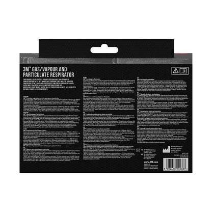 Bagsiden af 3M™ åndedrætsmaske med integrerede filtre fra 3M Deutschland GmbH indeholder produktoplysninger, instruktioner og advarsler på flere sprog på sort baggrund med hvid skrift samt en stregkode nederst til højre.