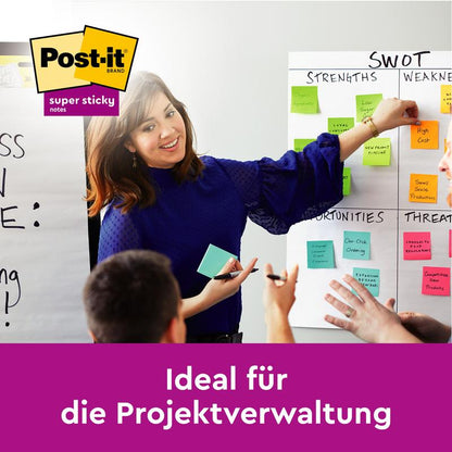 En kvinde gestikulerer ved siden af et whiteboard, der er dækket med farverige Post-it® Super Sticky Notes (76 mm x 127 mm, 90 ark/blok, 100% PEFC) fra 3M Deutschland GmbH, mens hun diskuterer en SWOT-analyse med sit team. Den tyske tekst fremmer projektledelse.