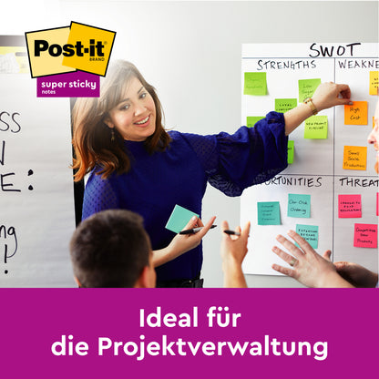 Eine Frau leitet ein Meeting, zeigt auf eine SWOT-Analyse mit farbigen Post-it® Super Sticky Notes (76x76 mm, 45 Blatt/Block, 3 Blöcke/Pack) von 3M Deutschland GmbH - ideal für die Projektverwaltung.