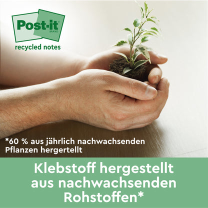Ein Paar Hände hält eine kleine Pflanze mit Erde und wirbt für Post-it® Recycling Notes (76 x 127 mm, 100 Blatt/Block, 100% PEFC) von 3M Deutschland GmbH. Der deutsche Text hebt den Klebstoff hervor, der aus jährlich erneuerbaren Ressourcen hergestellt wird.