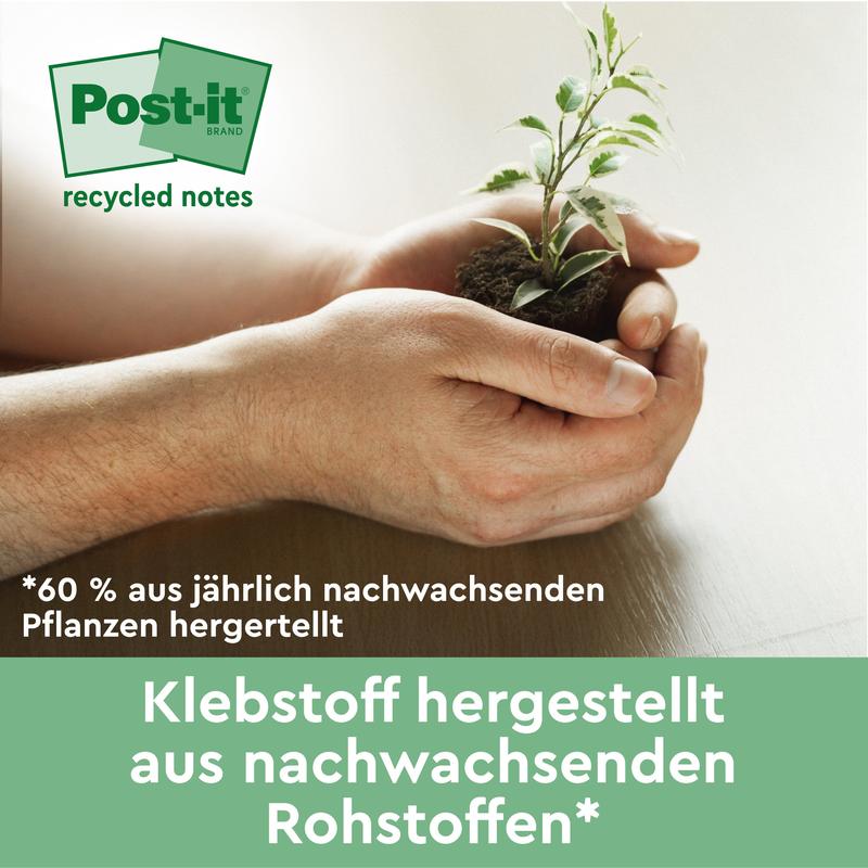 Et par hænder holder en lille grøn plante med jord. Den tyske tekst reklamerer for Post-it® genbrugssedler (38 x 51 mm, 100 ark, 100% PEFC) fra 3M Deutschland GmbH og fremhæver deres klæbemiddel lavet af 60% fornybare plantebaserede materialer.