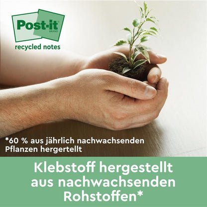 Et par hænder holder en lille grøn plante med jord. Den tyske tekst reklamerer for Post-it® genbrugssedler (38 x 51 mm, 100 ark, 100% PEFC) fra 3M Deutschland GmbH og fremhæver deres klæbemiddel lavet af 60% fornybare plantebaserede materialer.