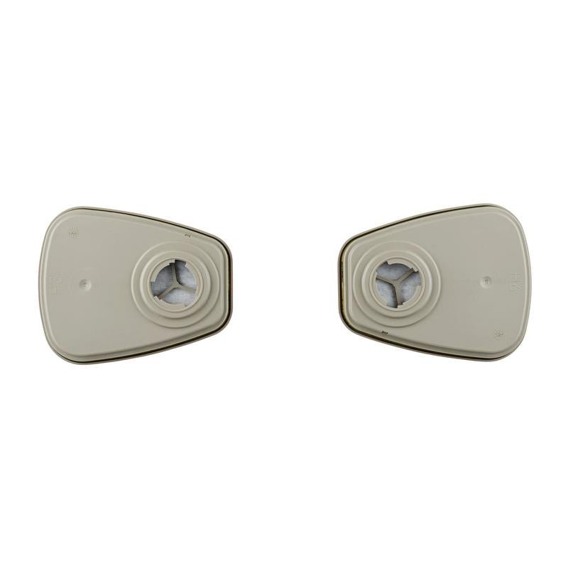 To identiske 3M™ filterpatron 6059 ABEK1-kombinationsfilterpatroner (1 par/pakke, 3M Deutschland GmbH) med centrale cirkulære åbninger er afbildet side om side på en hvid baggrund, velegnet til åndedrætsværn.