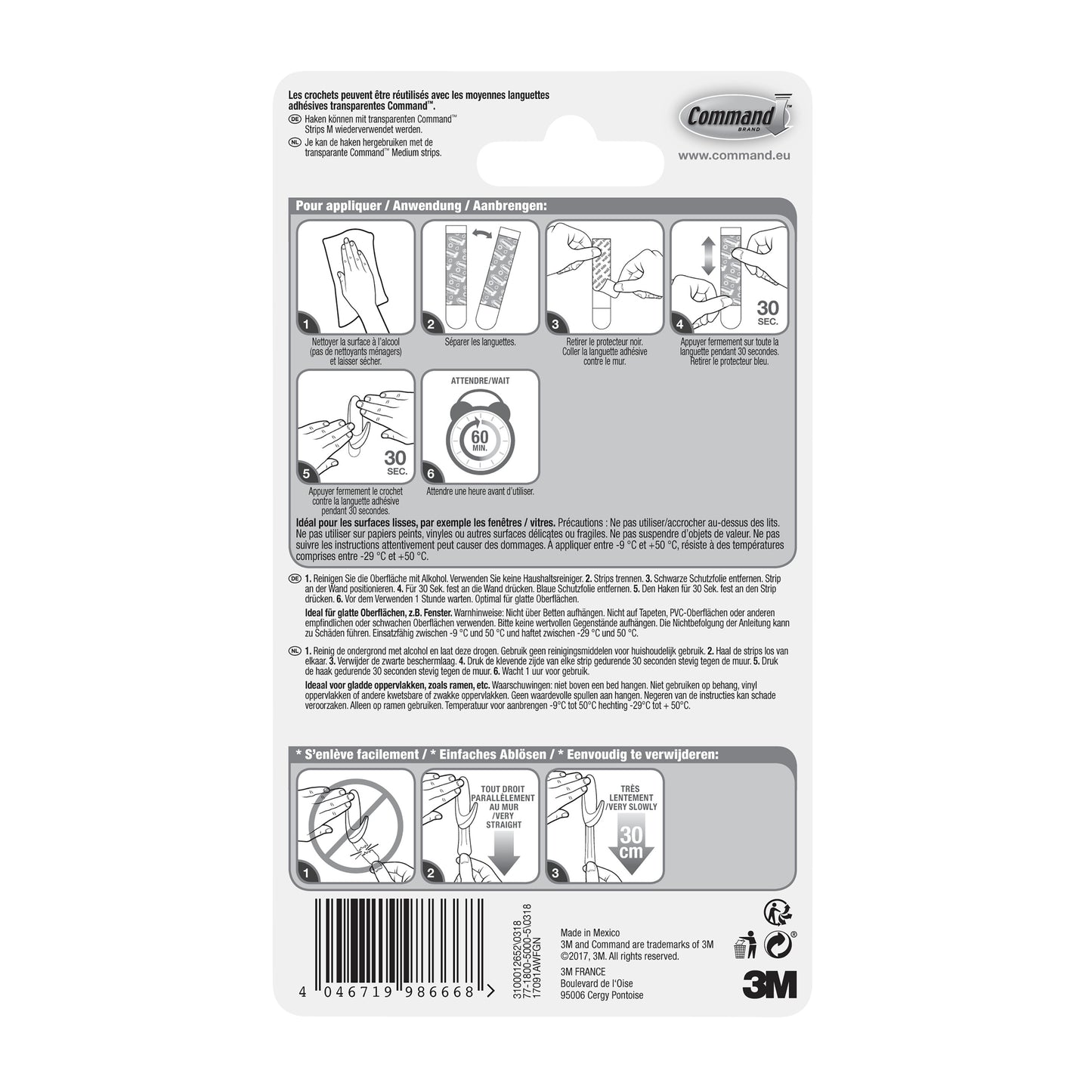 Rückseite eines 3M Deutschland GmbH Transparente mittelgroße Command™ Haken M für den Außenbereich, oval (17091AW), mit bebilderter mehrsprachiger Anleitung, Sicherheitshinweisen, wetterbeständiger Hakenmarkierung, Firmenlogos und Barcode.