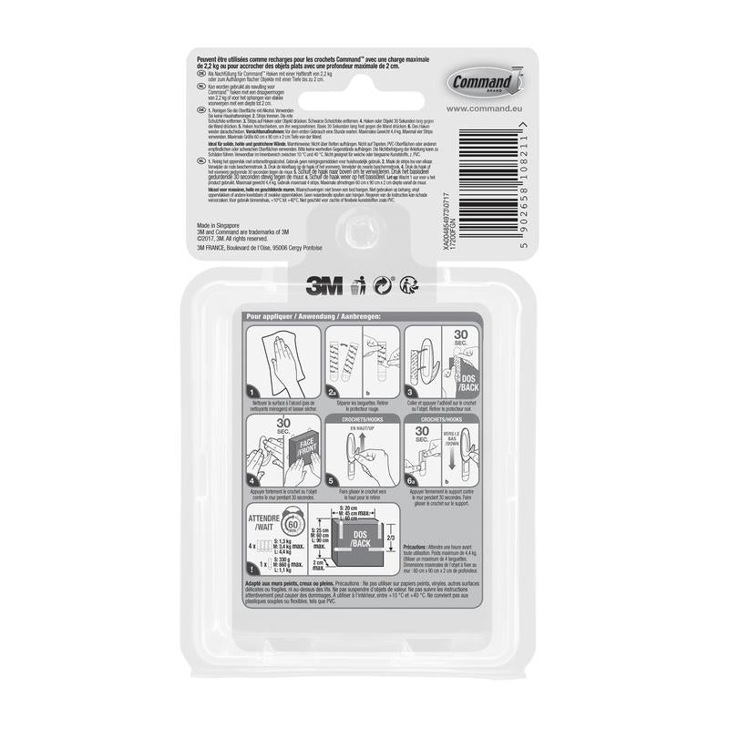 Illustrationen viser forsiden og bagsiden af en 3M Deutschland GmbH Multipack Command™ Strips, 17200 | Pakning (1 stk) emballage med monteringsvejledning, inklusive symboler og diagrammer til påføring og fjernelse af klæbestrips.
