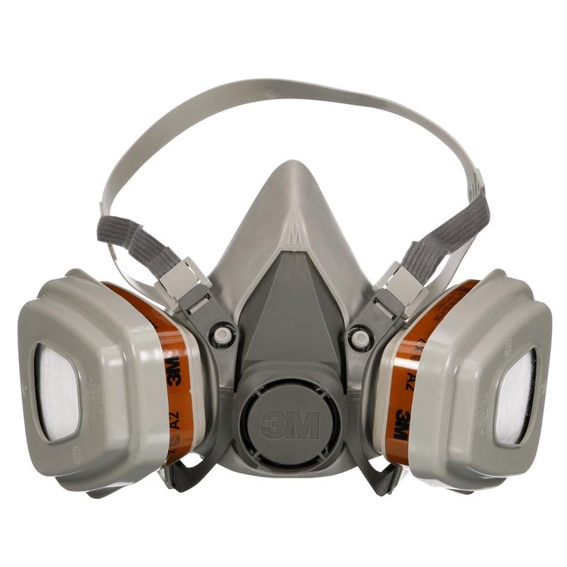 3M™ åndedrætsværn 6002KIT-1 fra 3M Deutschland GmbH med A2P2-filtre for organiske dampe og justerbare stropper er afbildet i grå, leveret som pakke (1 stykke) med udskiftelige filtre.