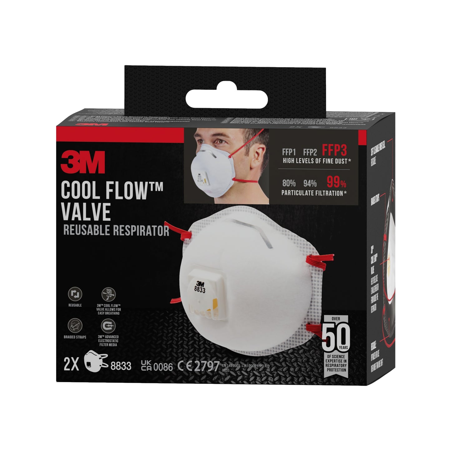 Eine Schachtel 3M™ Cool Flow™ Partikelmaske 8833, FFP3, mit Ventil (2er-Packung) von 3M Deutschland GmbH. Zeigt die Maske und einen Anwender; schützt mit FFP1, FFP2 & FFP3-Filtration für bis zu 50 Einsätze pro Maske.