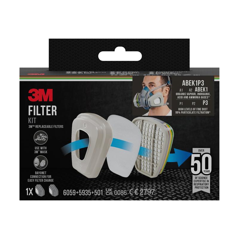 3M™ Filtersæt 6004-1SP, ABEK1P3 kombinationsfilter (2x6059, 2x5935, 2x501) fra 3M Deutschland GmbH leveres i en æske med produktinformationer, et filterdiagram og et billede af en person med åndedrætsværn.