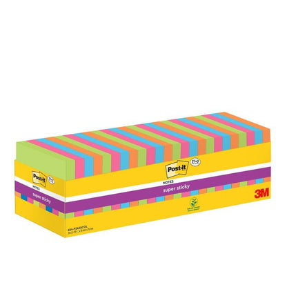 En rektangulær gul æske med Post-it® Super Sticky Notes (76 mm x 76 mm, 90 ark/pad, 100% PEFC) fra 3M Deutschland GmbH, med flere blokke i forskellige farver og en lilla stribe på forsiden med produktetiketter.