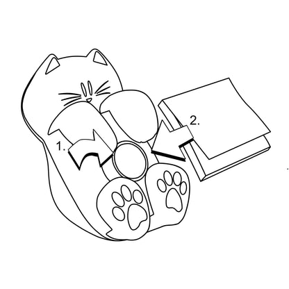 Strichzeichnung eines weißen Post-it® Z-Notes Dispensers in Katzenform von 3M Deutschland GmbH, beschriftet mit "1", der ein rundes Objekt hält, mit einem Pfeil, der nach rechts auf gefaltete rosa Post-it® Super Sticky Z-Notes zeigt, beschriftet mit "2".