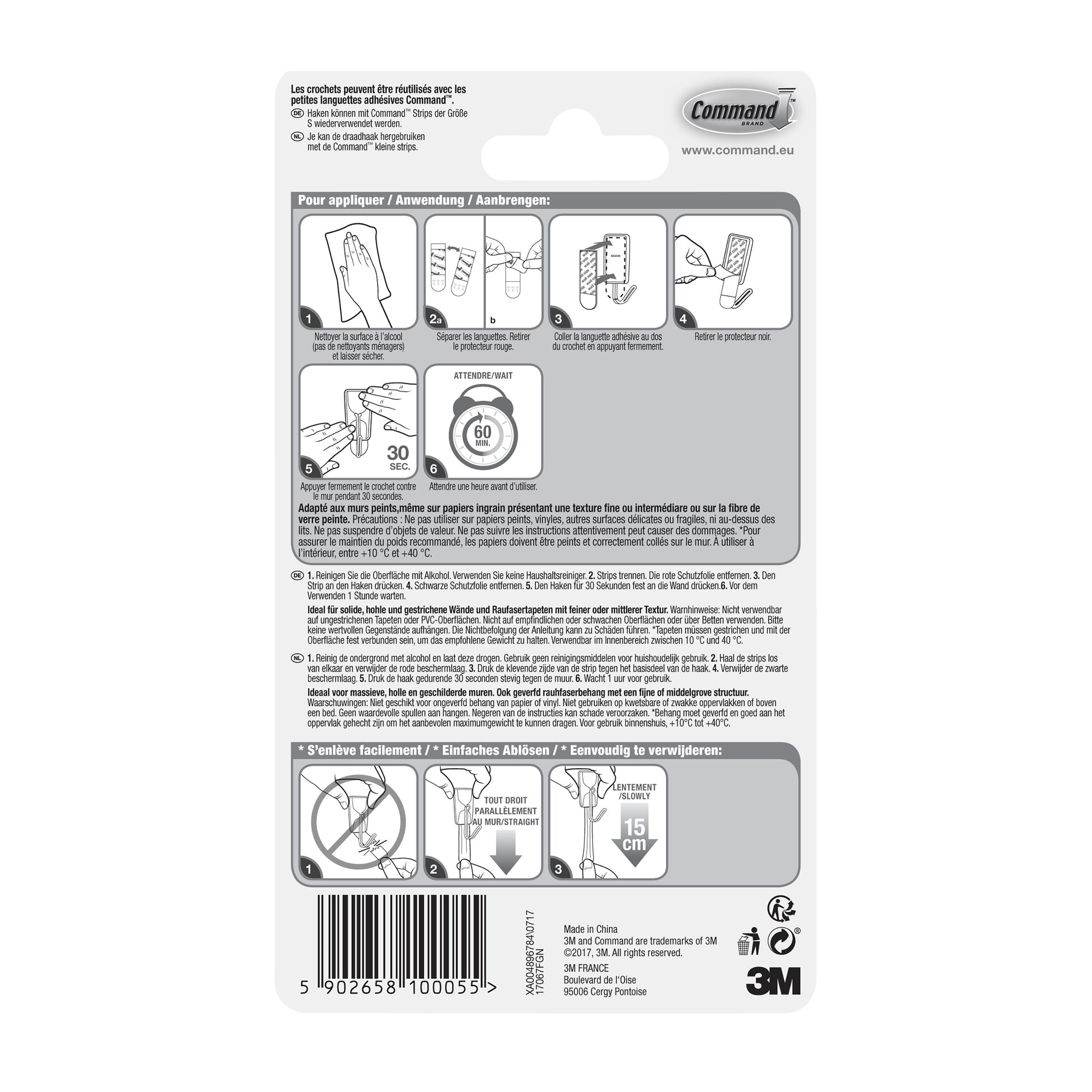 Rückseite eines Command™ Small Drahthaken, 17067 Packung von 3M Deutschland GmbH, mit französischer, deutscher und niederländischer Gebrauchs-/Entfernungsanleitung mit Diagrammen. Barcode und 3M-Logo am unteren Rand. Spurlos ablösbar und selbstklebend.