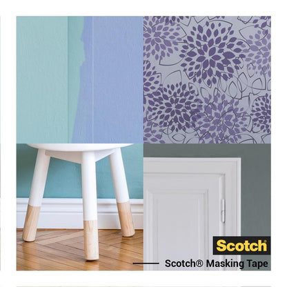 En collage viser pænt malede vægkanter, en stol med lakerede ben, en mønstret tapet og en hvid dør - alt realiseret med Scotch® malertape til sarte overflader (36 mm x 41 m) fra 3M Deutschland GmbH. Logo nederst til højre.