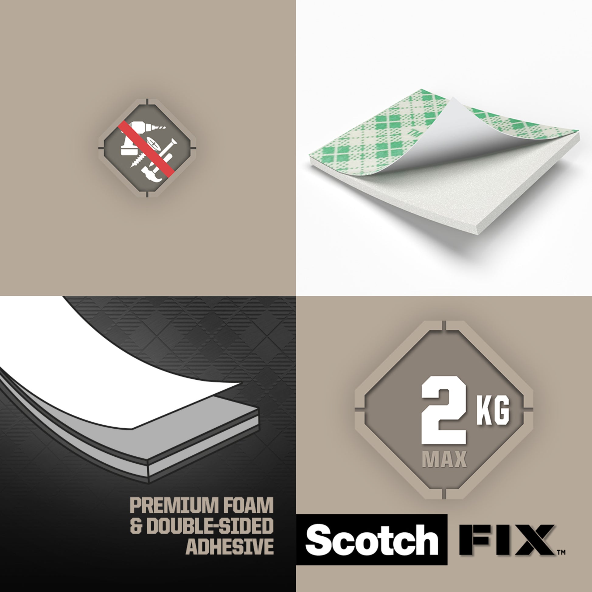 Eine Grafik zeigt ein No-Nails-Symbol, Scotch-FIX™ Doppelseitige Innenmontagequadrate (25 mm x 25 mm, 16 Stück) von 3M Deutschland GmbH, mit starker Klebekraft, "Premium Foam & Double-Sided Adhesive", "2 KG MAX", auf beigem Hintergrund.