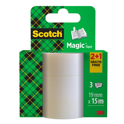 Scotch® Magic™ Usynligt tape kampagnepakke (3M Deutschland GmbH) indeholder 2 ruller + 1 GRATIS-rulle à 19 mm x 15 m - ideel til hobbyprojekter eller kontor, med grøn-gul emballage og "2+1 gratis"-henvisning.